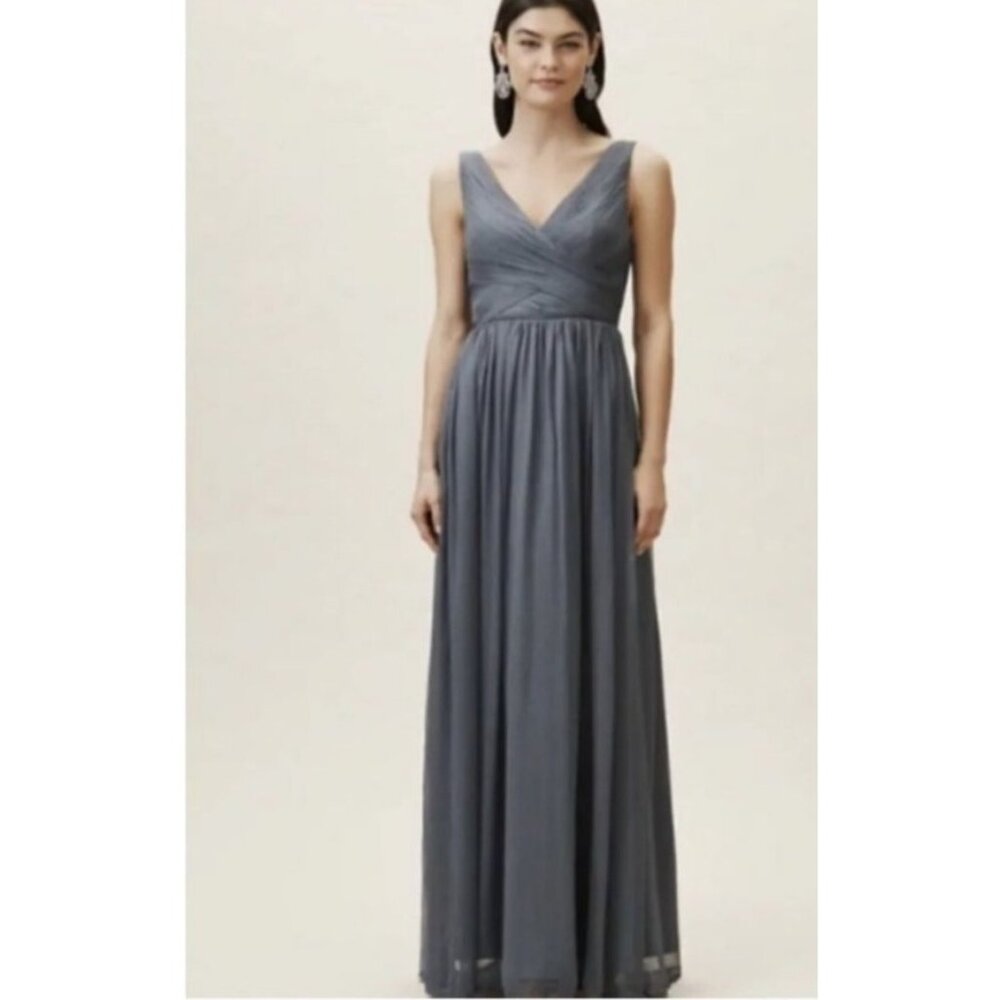 Anthropologie Slate Gray V-Neck Chiffon Wedding Dress